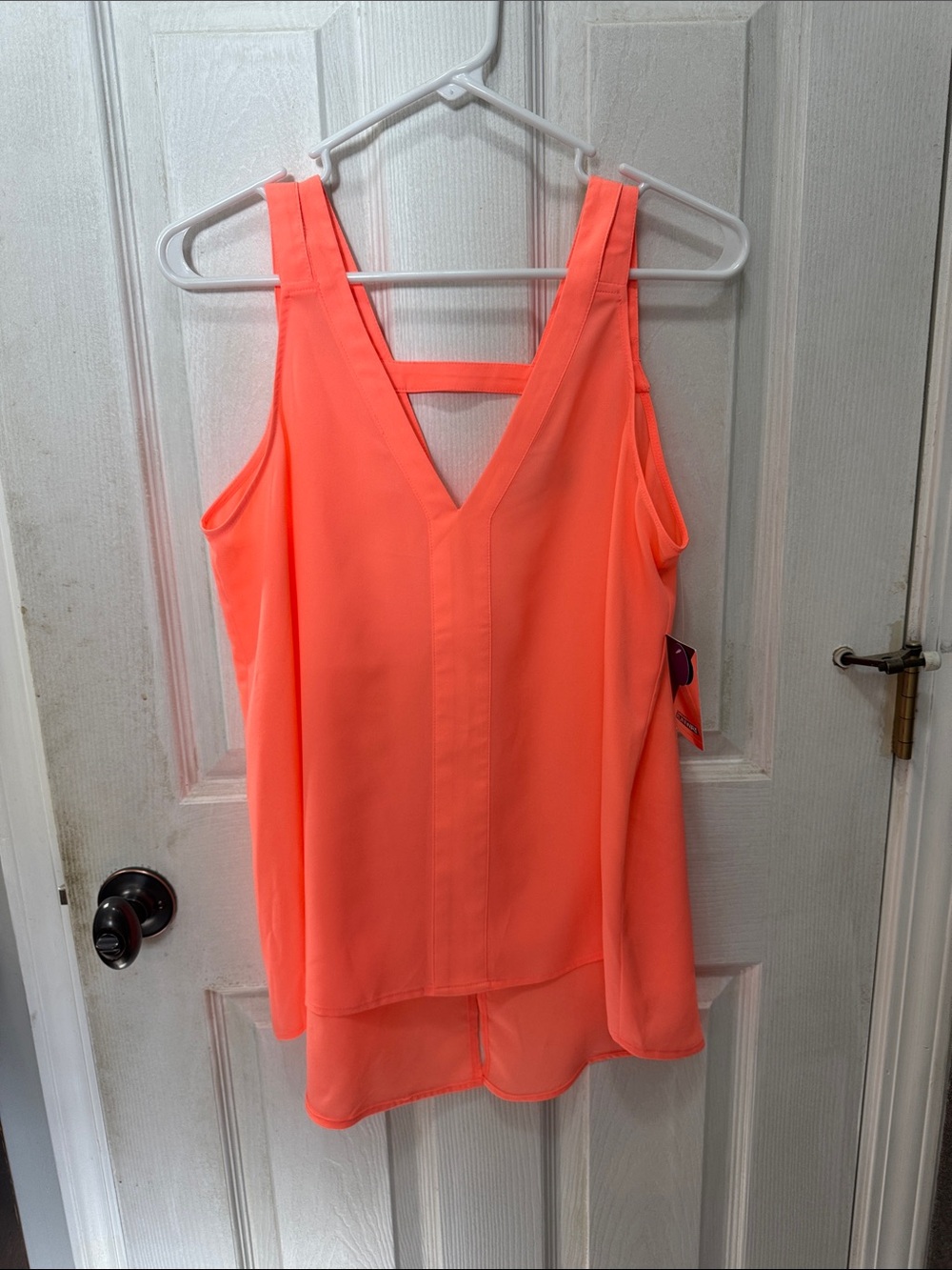 Sleeveless V-Neck Chiffon Layered Tank Top - Neon Coral